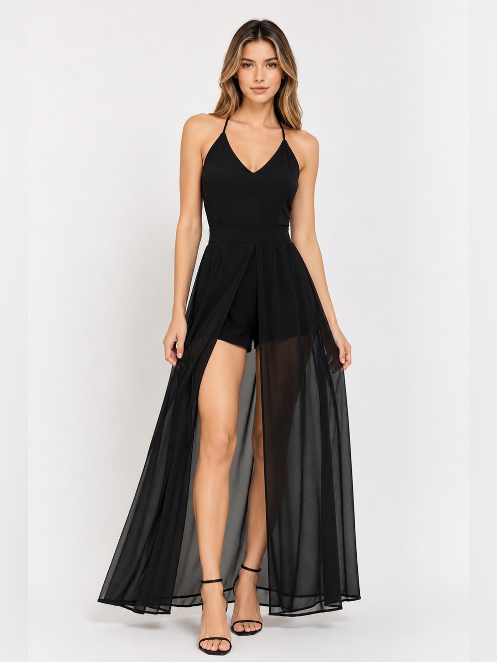 Goodtime USA Black Sheer Maxi Romper Dress XS Open Strappy Back Y2K Romantic Top